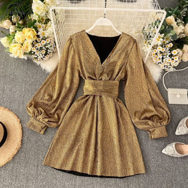 

spring autumn womens bright color dress new v neck lantern sleeve gold bright silk lace dress female party dress, Black;gray