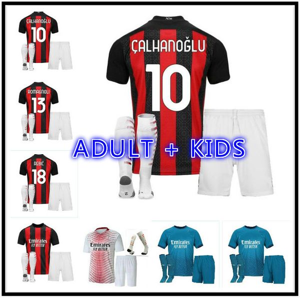 

kids kit 2020 2021 ibrahimovic soccer jersey 20 21 rebic theo bennacer r.leao bonaventura romagnoli football jersey camisa ac 20/21, Black;yellow