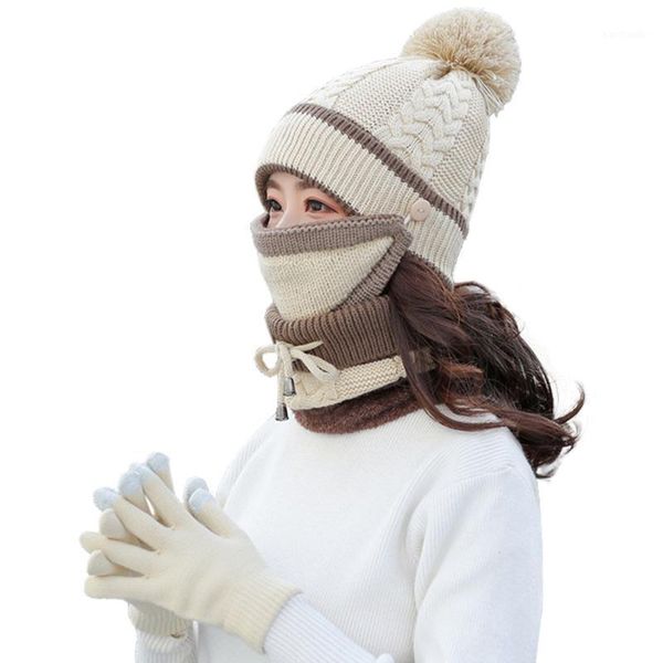 

cycling caps & masks 4pcs women winter neck warm scarf set hat knit touch screen mittens suit christmas gift1, Black