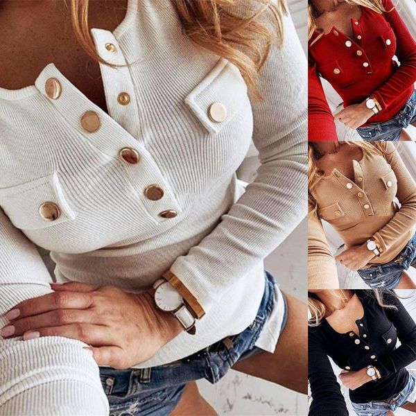 

2021 spring autumn fashion women long sleeve solid color button s ribbed slim plus size low cut blouse  5xl woman, White