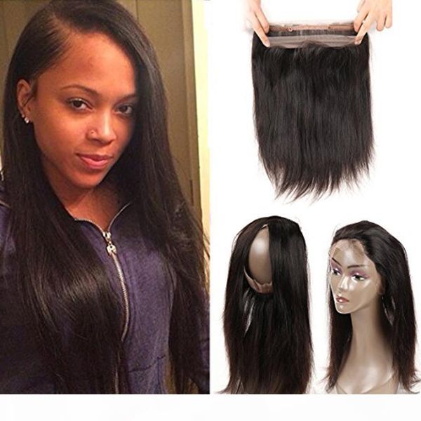 

8a 360 lace band frontal straight brazilian virgin human hair extensions natural hairline lightly bleached knots lace frontal natural color, Black;brown