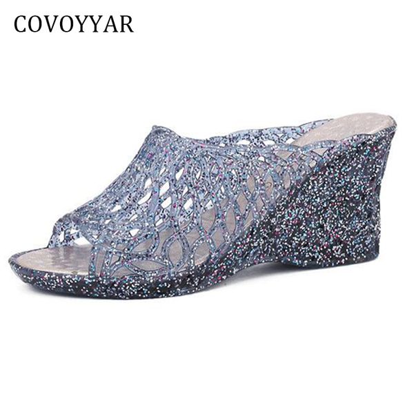 

covoyyar 2019 new women jelly shoes transparent wedges women slippers summer peep toe cut out beach shoes slides wsl15 x1020, Black