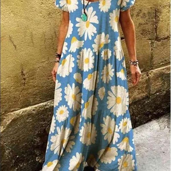 

printed dress round neck short sleeve pleated long skirt, Black;gray