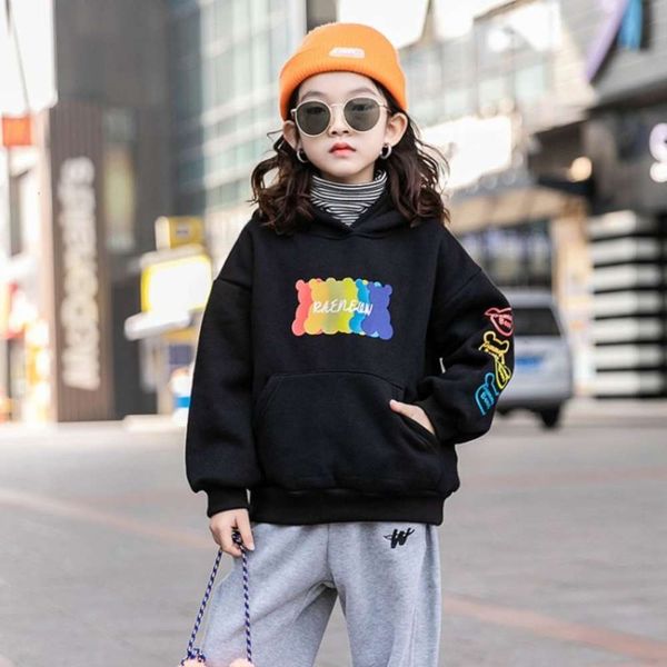 

2020 sweater autumn winter girls' hooded new middle school fashionable thickened hoodie children's foreign sle plush coat fashion, Black