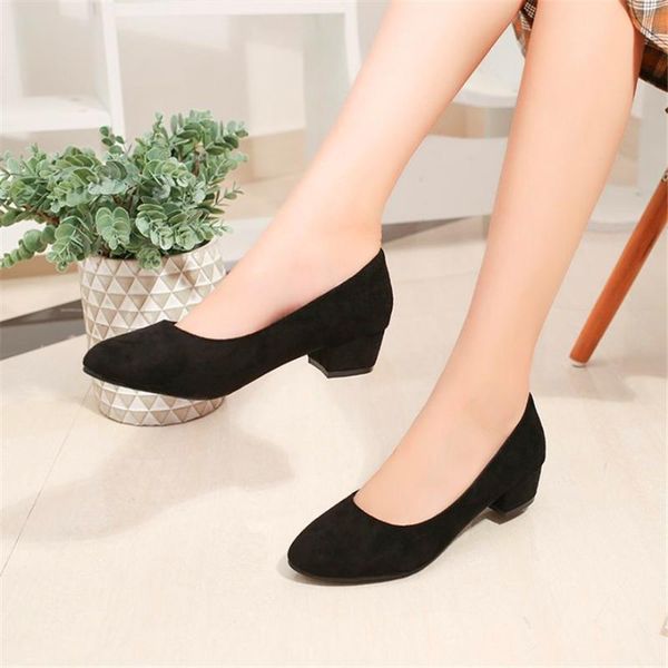

round toe thick heel women's shoes flock shallow slip on work shoes women pumps comfort med heels ladies office 6 colors, Black