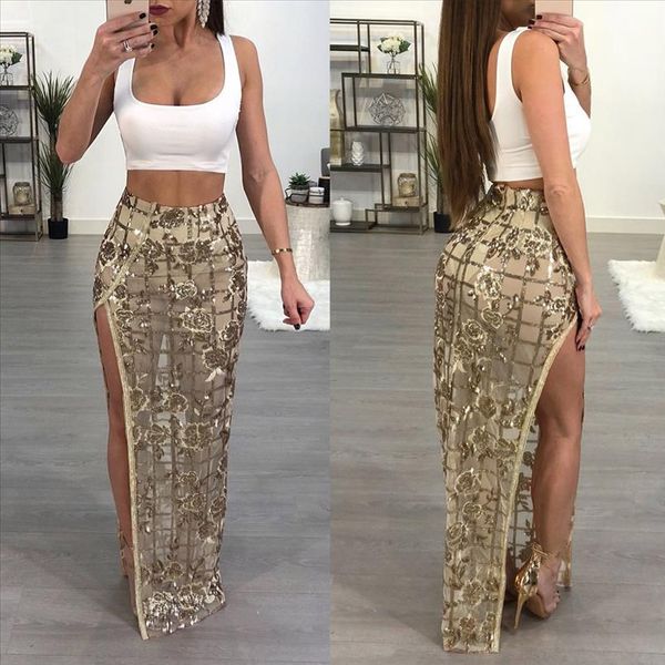 

women long maxi skirts flower sequined high slit maxi night club wear women high waist skirts saia femininas, Black