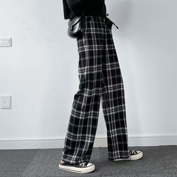 

2021 new spring autumn plaid trouser high waist wide leg women stretch pantalon female fashion two colors pants trousers 7mgk, Black;white