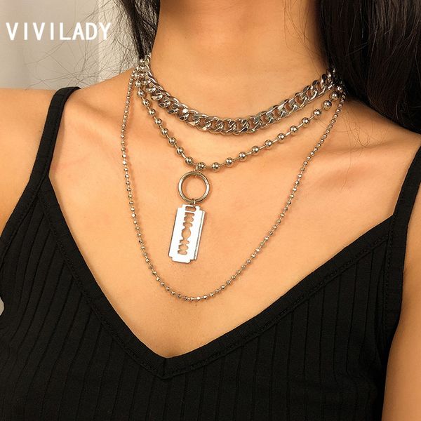 

chokers vivilady minimalist punk multilayer round bead chain alloy blade pendant women choker necklace for female party jewelry bijoux, Golden;silver