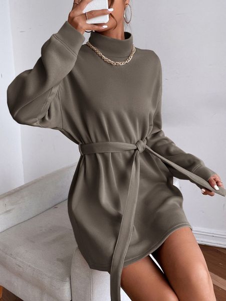 

mock neck drop shoulder belted sweatshirt dress k3sx#, White;black