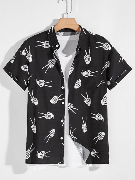 

men skeleton print button through shirt 85jw#, White;black