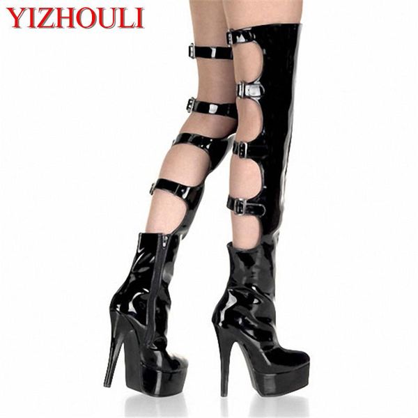 

15cm high-heeled shoes cut-outs over-the-knee women's boots buckle strap motorcycle boots 6 inch thigh high dance shoes, Black