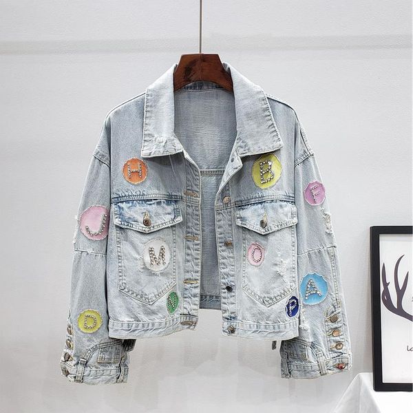 

autumn fashion frayed short denim jacket coat women outerwear loose letter diamonds patch design jeans jacket female streetwear, Black;brown