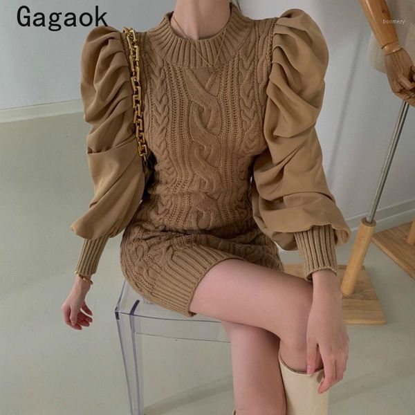 

gagaok korean women dresses 2020 spring autumn new solid sheath puff sleeve o neck slim stretch bodycon chic vestidos k41321, Black;gray