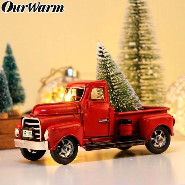 OurWarm Rotes Metallfahrzeug, antikes Auto, Vintage-Klassiker, LKW für Zuhause, Miniatur-Weihnachtsfeier, Tischdekoration, Neujahrsgeschenk, C0125