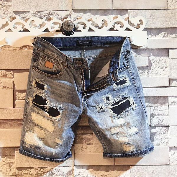 

wholesale 2020 fashion ripped hole patch thin summer shorts men's pants korean trend casual pants men's loose cropped men1, Blue