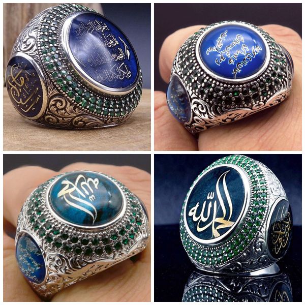 

men's punk style turkish jewelry large blue stone championship rings retro color arabic male finger ring gift z4x810, Golden;silver
