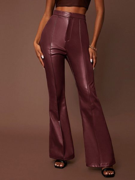 

seam front flare leg pu leather pants x19z#, Black;white