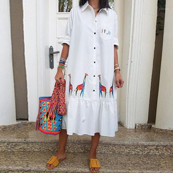 

african women summer white shirt midi dress stand giraffe print mid-calf button party loose dresses 2020 vestido africa clothing1, Red