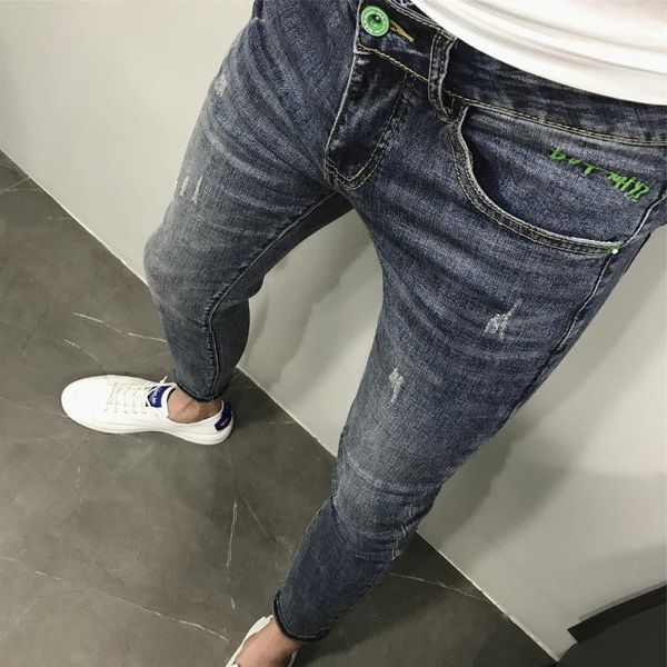 

wholesale 2021 social guy pants male students korean feet pants simple wild jeans stretch ankle length, Blue