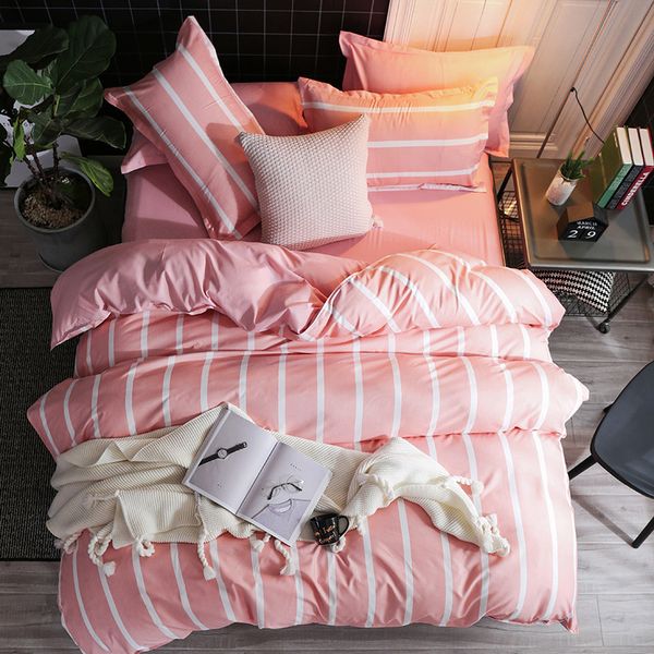 Moderno Rosa Stripe Carding Set Única Dupla Rainha King Size Tamanho Duveta Coberturas Nordic Desenhos Animados Capa De Quilt Ponto Cama de Manta Folha Simples LJ201015