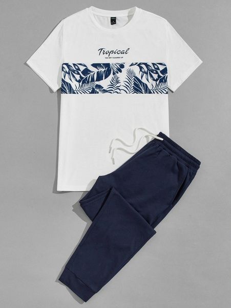 

men letter and tropical print tee & sweatpants m4ge#, Gray