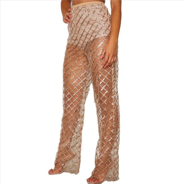 

summer womens sheer floral lace wide leg pants ladies flares loose dance pants mid wide long beach trousers, Black;white