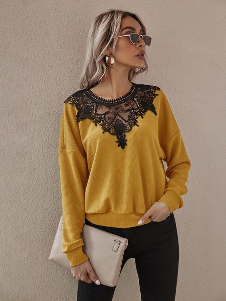 

contrast lace drop shoulder sweatshirt h28a#, White;black