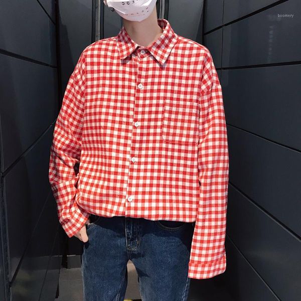 

2021 spring and summer new korean version of the couple casual men's loose plaid long-sleeved cotton shirt streetwear, White;black