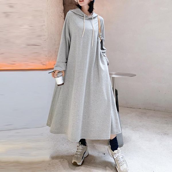 

casual loose hooded dress autumn long sleeve plus size women dresses gray blue long pullover sweatshirt midi dress robe femme1, Black;gray