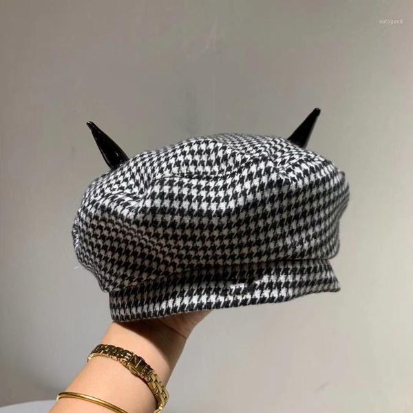 

berets boinas para mujer korean houndstooth little devil horn beret fashion spring and autumn style sombreros de kapelusz 1, Blue;gray