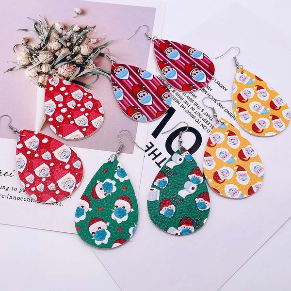 

creative christmas waterdrop pu leather earrings santa claus double-sided printing leather earring interesting women christmas gifts jewelry, Silver