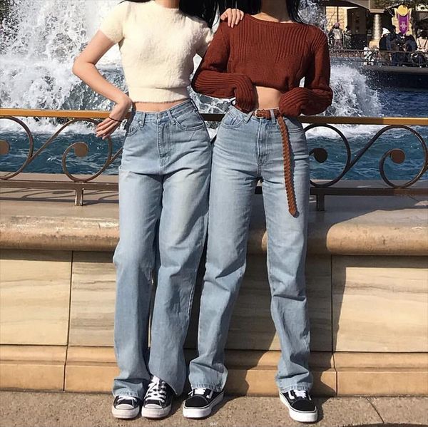 

женщины урожай высокой талией straight leg jeans синий wide leg jean, Blue