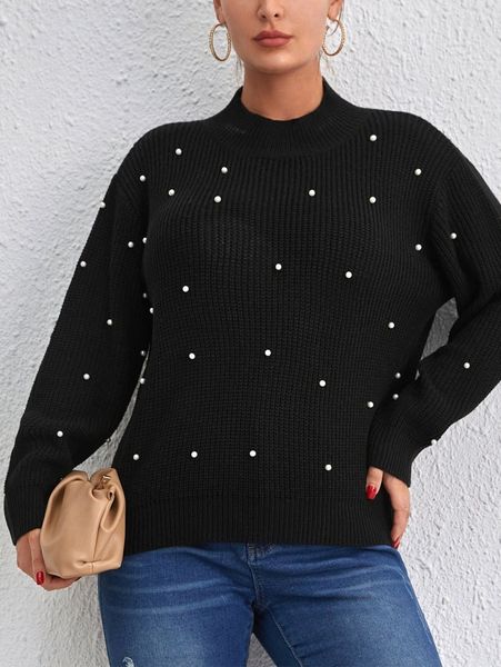 

plus pearls beaded mock neck drop shoulder sweater z8o5#, Black