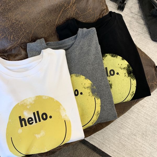 

2021 early spring new short sleeve t-shirt women's large size loose cartoon smiling face print ground wool half sleeve base coat, White