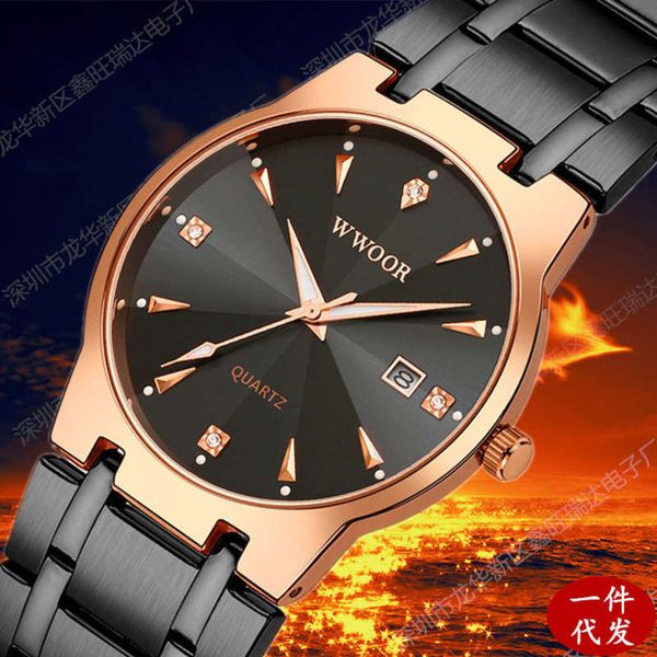 

inlaid new men's wwoor 8876 diamond watch quartz waterproof leisure steel band watch, Slivery;brown