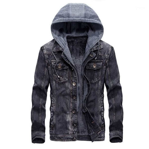 

fashion mens warm denim jackets hooded fleece lined jeans jacket detachable coats1, Black;brown
