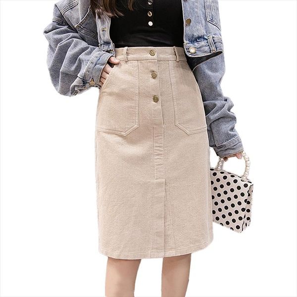 

2020 streetwear corduroy skirts womens autumn winter high waist button midi skirt plus size harajuku ladies skirt jupe femme, Black