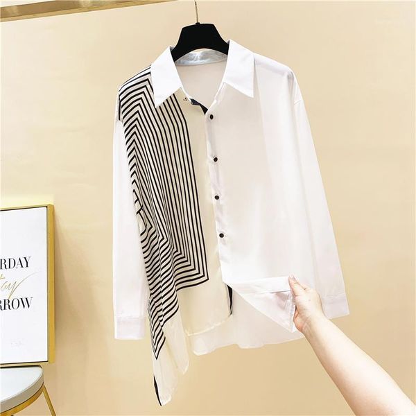 

striped silk scarf splicing full shirt women's autumn 2020 new loose turn down collar blouse women1, White