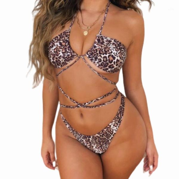 

bikinis set women's leopard bikini long strap wrap around 2021 female swimwear triangle cheeky bottom push up swimsuit micro thong