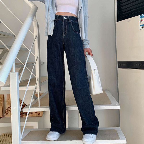

with enjun] a2252 dark blue straight jeans women's high waist wide leg open line crimpable floor dragging pants