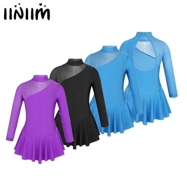 

stage wear iiniim kids girls tulle ballerina splice cutouts back figure ice skating lyrical dance costume gymnastics leotard for dress1, Black;red