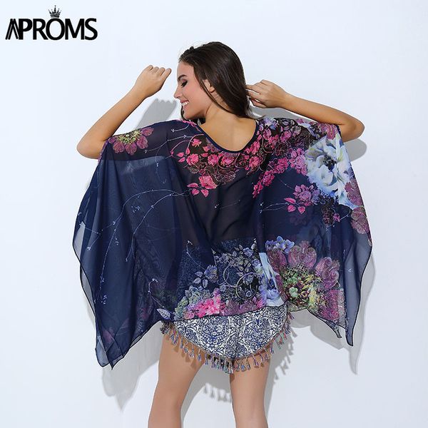 Boho Batwing Sleeve Şifon Bluz Kadınlar Rahat Çiçek Baskı Gevşek Kimono Gömlek Büyük Boy Plaj Tunik Tops Peplum Blusa Robe LJ200811