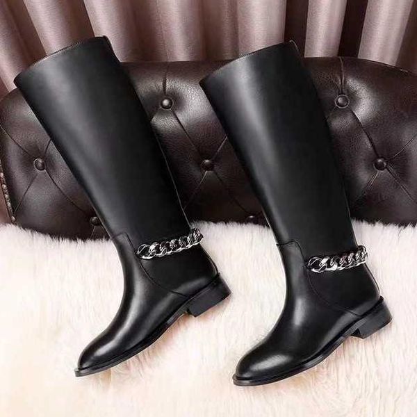 

metal chain knee high boots waterproof genuine leather botas us 10 plus size long boots round toe fashion street style botas zip, Black