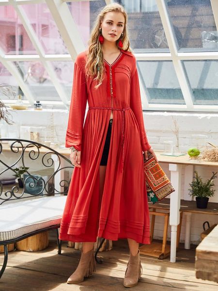 

women patchwork boho dress apparel 2021 spring embroidery pleated dress tassel button long sleeve ladies casual dresses, Black;gray