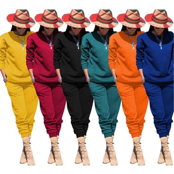 

neck long pants suits designer female solid color casual tracksuits women stretch sweatshirt sports sets fashion trend long sleeve round, Gray
