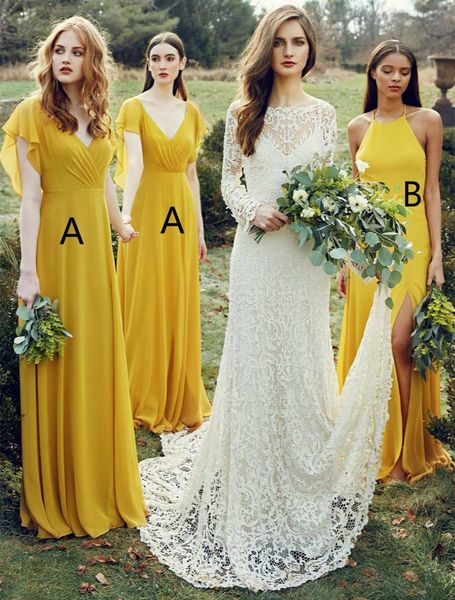 2022 Vestidos de dama de honra amarelo chiffon halter feito sob encomenda feito uma linha mangas curtas dona de casa de honra vestido país praia festa de casamento desgaste de ocasião formal vestido