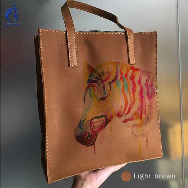 

genuine cowhide leather totes hand painted art horses women deluxe handbag lady soft satchels bag shopping bags women bags
