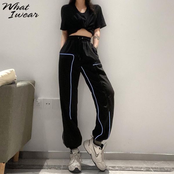 

striped reflective line casual fashion cargo pants women 2020 drawstring high waist sweatpants streetwear femme fitness bottoms, Black;white