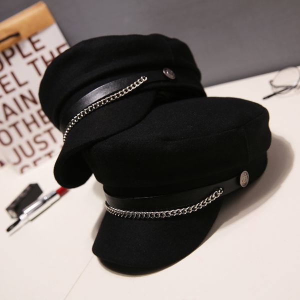 

autumn winter chain wool berets military cap for women flat army cap salior hat black ladies travel berets painters cap 201009, Blue;gray