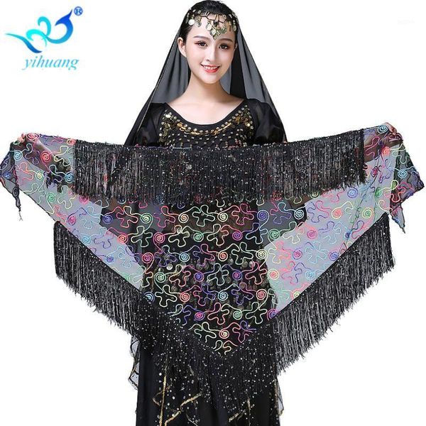 

belly dance costume hip scarf women bellydance performance belt shawl mesh sequined&fringe wrap skirt hip skirt triangle1, Black;red